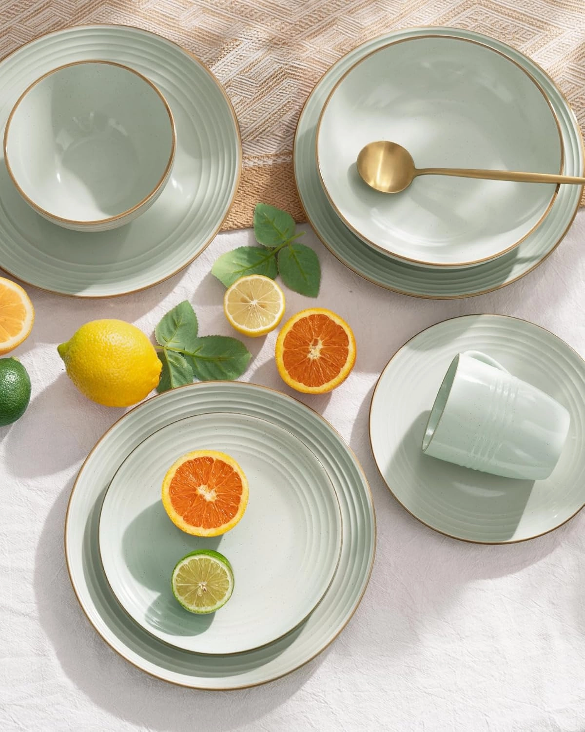 Famiware Jupiter Dinnerware Set, Plates and Bowls Dish Sets for 4 (12 Pieces), Microwave and Dishwasher Safe Stoneware Tableware, Chip and Scratch Resistant, Light Green