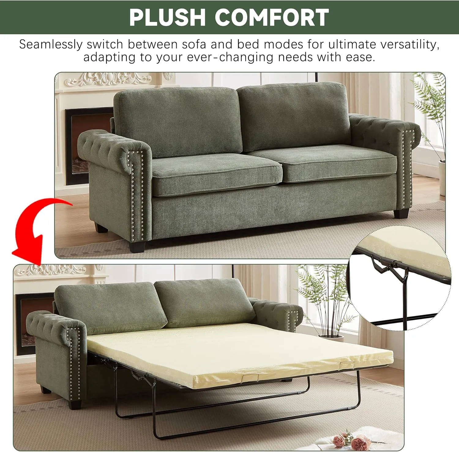 FANYE 83.8" W Chesterfield Pull Out Sofa Bed,Convertible Queen Size Sleeper Sofabed, Chenille Upholstered Nailhead Decor Sofa&Couch with Folding Mattress and Bedframe for Compact Living Space
