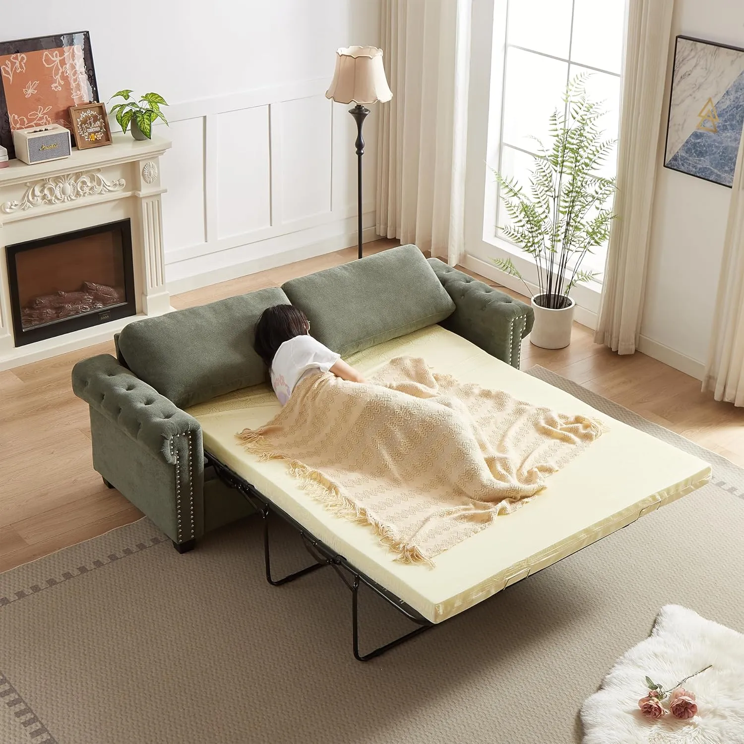 FANYE 83.8" W Chesterfield Pull Out Sofa Bed,Convertible Queen Size Sleeper Sofabed, Chenille Upholstered Nailhead Decor Sofa&Couch with Folding Mattress and Bedframe for Compact Living Space