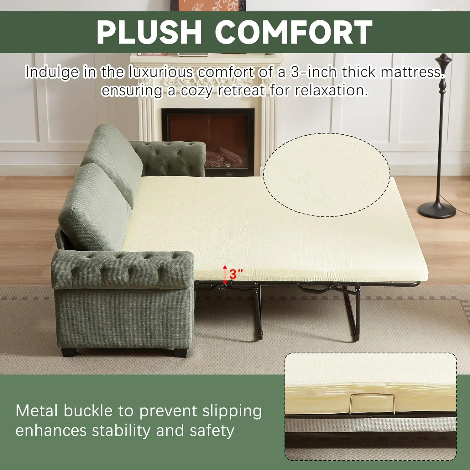 FANYE 83.8" W Chesterfield Pull Out Sofa Bed,Convertible Queen Size Sleeper Sofabed, Chenille Upholstered Nailhead Decor Sofa&Couch with Folding Mattress and Bedframe for Compact Living Space