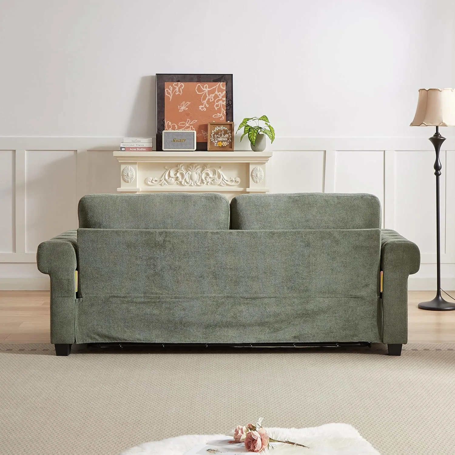 FANYE 83.8" W Chesterfield Pull Out Sofa Bed,Convertible Queen Size Sleeper Sofabed, Chenille Upholstered Nailhead Decor Sofa&Couch with Folding Mattress and Bedframe for Compact Living Space