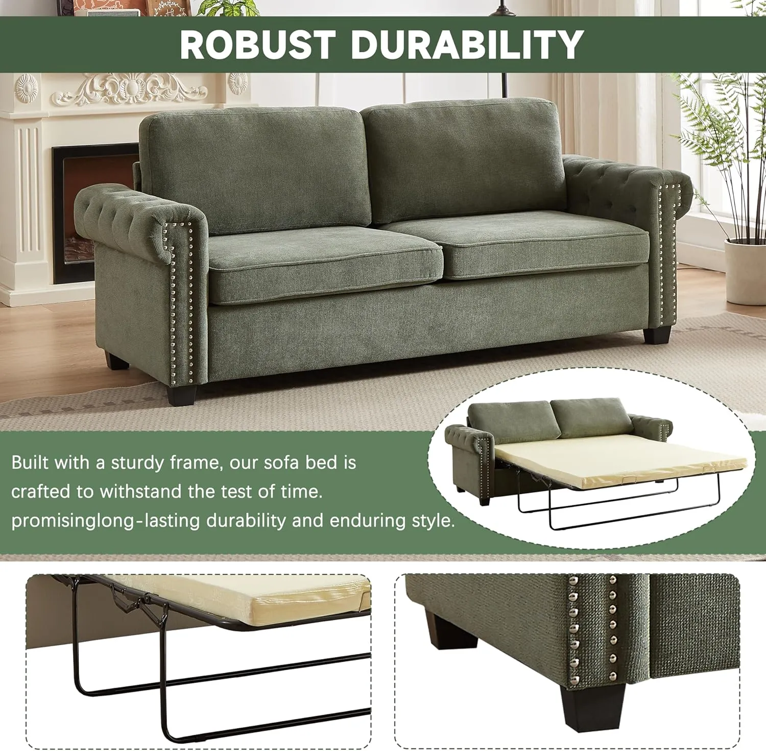 FANYE 83.8" W Chesterfield Pull Out Sofa Bed,Convertible Queen Size Sleeper Sofabed, Chenille Upholstered Nailhead Decor Sofa&Couch with Folding Mattress and Bedframe for Compact Living Space