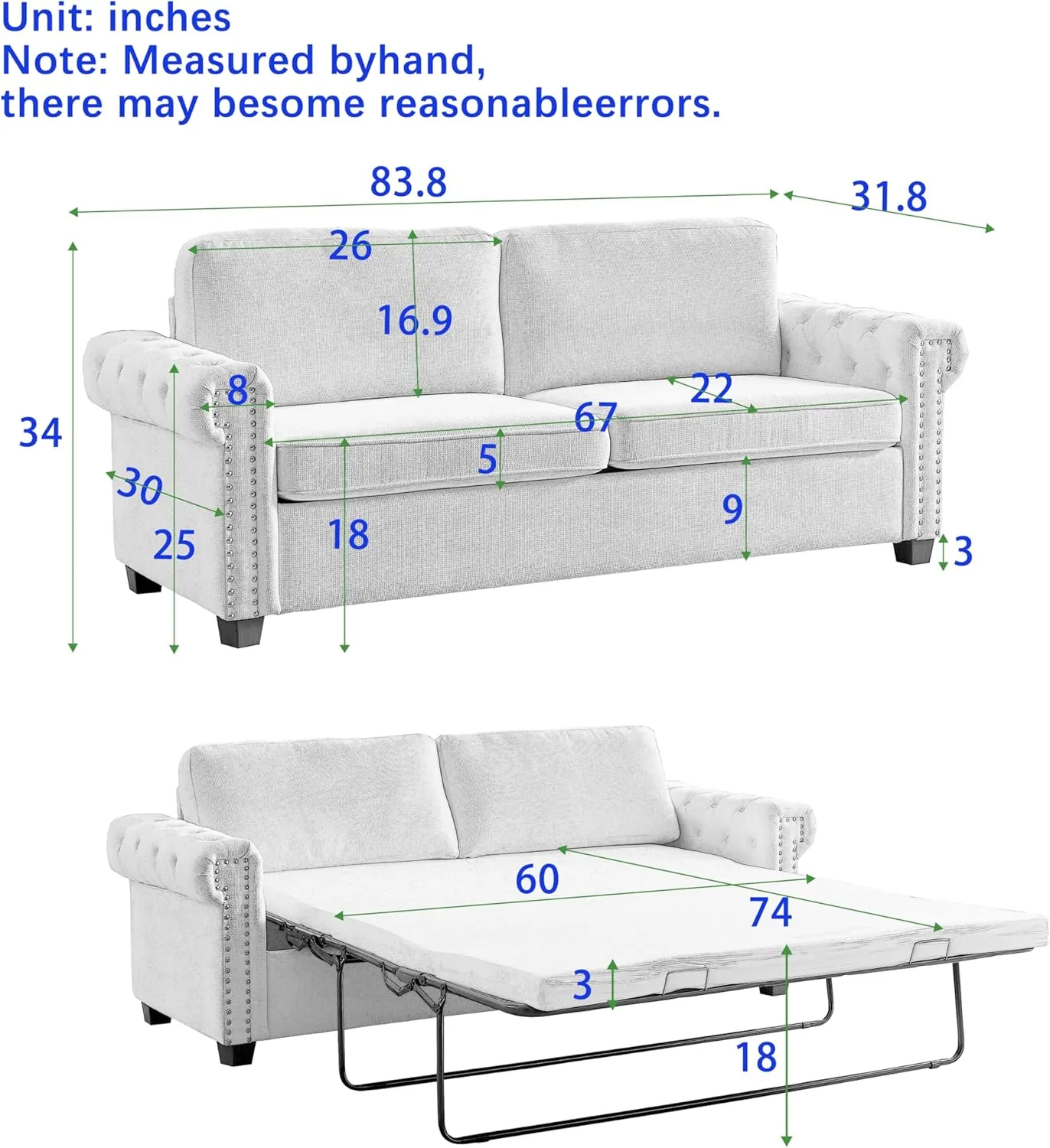 FANYE 83.8" W Chesterfield Pull Out Sofa Bed,Convertible Queen Size Sleeper Sofabed, Chenille Upholstered Nailhead Decor Sofa&Couch with Folding Mattress and Bedframe for Compact Living Space
