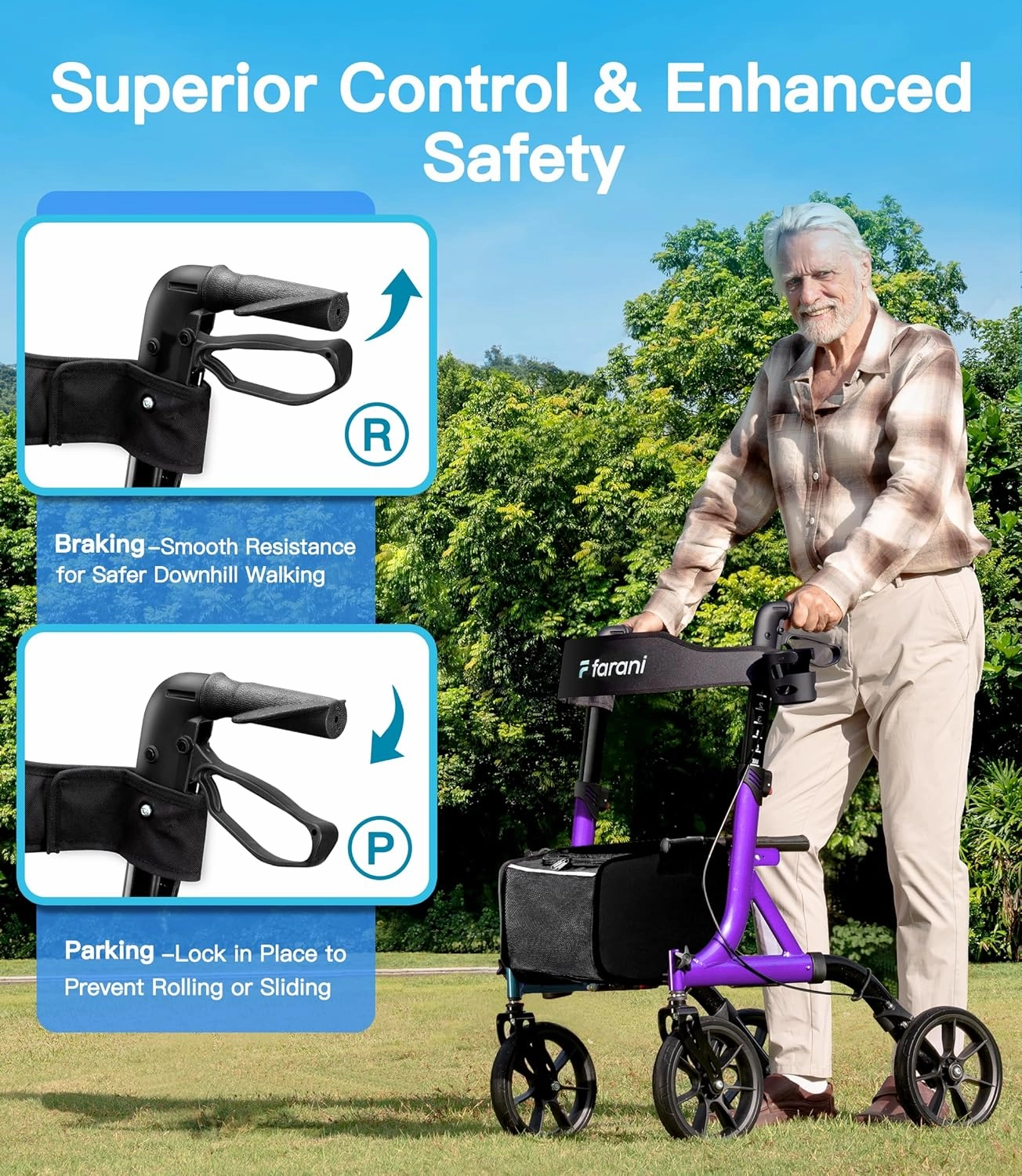 Farani All Terrain Walkers for Seniors - 10" Big Wheels, Compact Size Lightweight Foldable Rollator Walker with Seat, Reinforced Triangular Frame Rollator with Cup Holder, 300lbs Weight Capacity