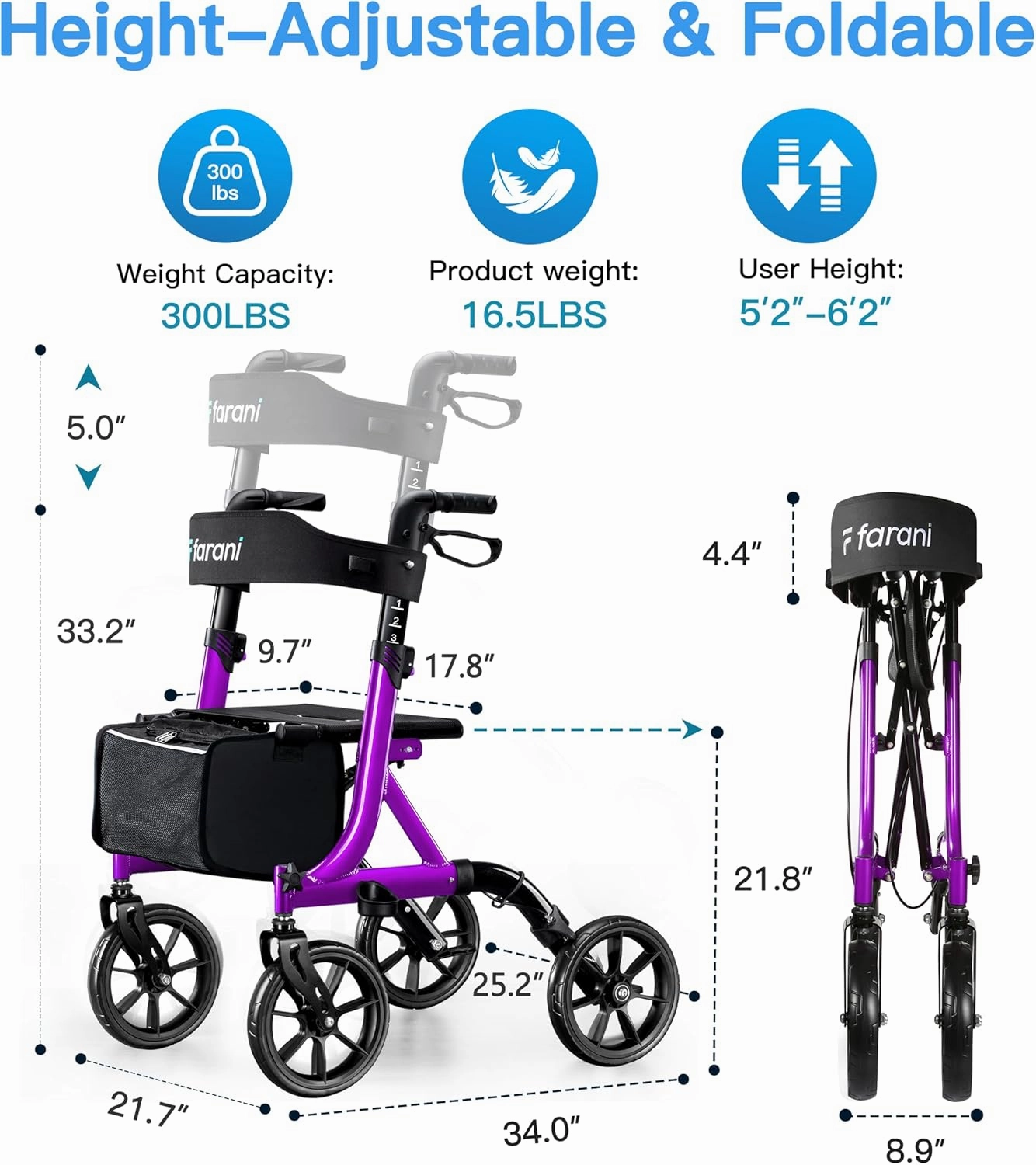 Farani All Terrain Walkers for Seniors - 10" Big Wheels, Compact Size Lightweight Foldable Rollator Walker with Seat, Reinforced Triangular Frame Rollator with Cup Holder, 300lbs Weight Capacity