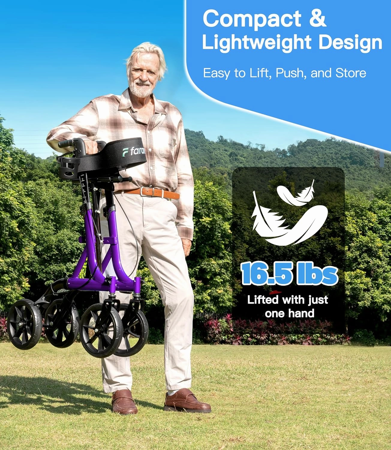 Farani All Terrain Walkers for Seniors - 10" Big Wheels, Compact Size Lightweight Foldable Rollator Walker with Seat, Reinforced Triangular Frame Rollator with Cup Holder, 300lbs Weight Capacity