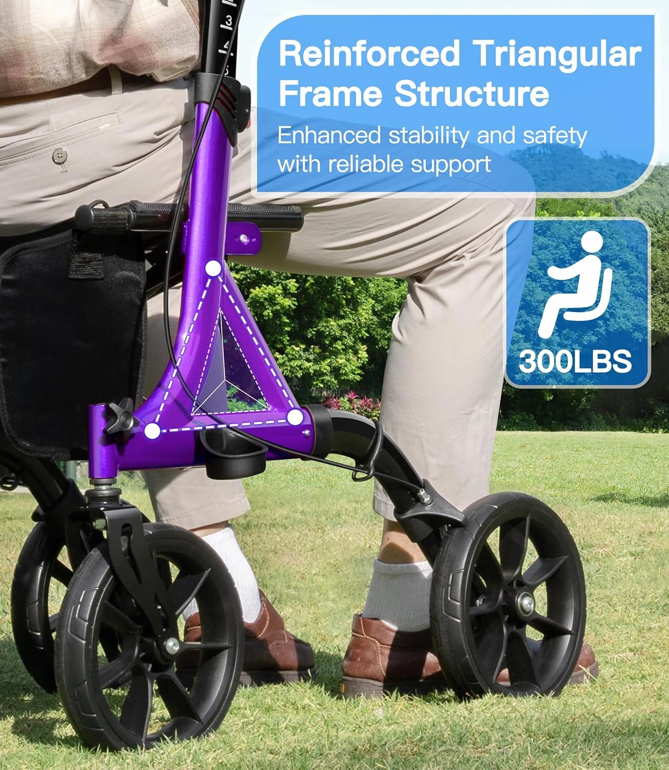 Farani All Terrain Walkers for Seniors - 10" Big Wheels, Compact Size Lightweight Foldable Rollator Walker with Seat, Reinforced Triangular Frame Rollator with Cup Holder, 300lbs Weight Capacity