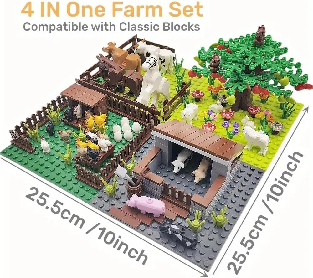 Farm Building Blocks Set, 4-in-1 Countryside Animals Trees Bricks Toys Models, 10x10 inch Baseplate, Compatible with Classic Blocks