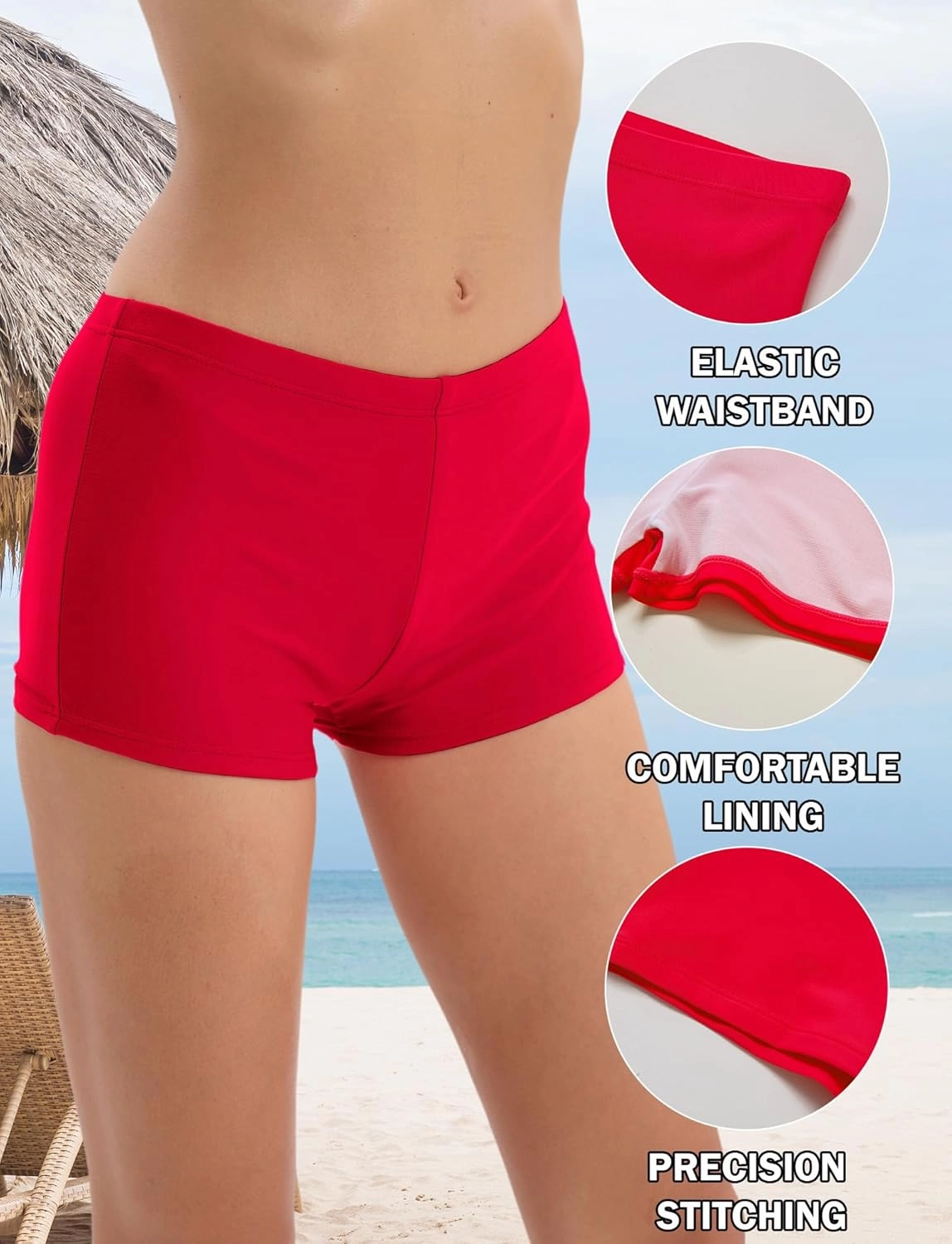 FEOYA Women's High Waisted Board Shorts Solid Color Stretchy Swim Bottoms Swimsuit Boyshorts