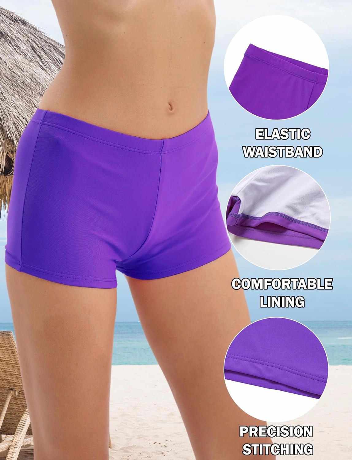 FEOYA Women's High Waisted Board Shorts Solid Color Stretchy Swim Bottoms Swimsuit Boyshorts