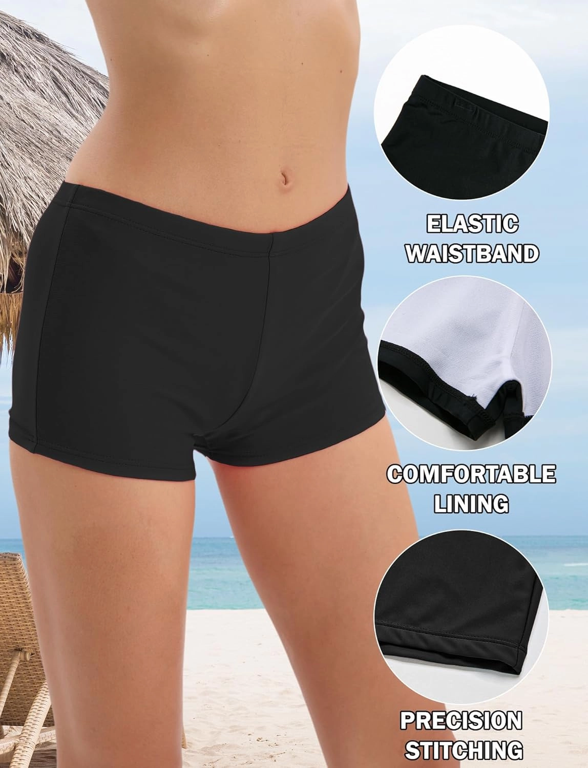 FEOYA Women's High Waisted Board Shorts Solid Color Stretchy Swim Bottoms Swimsuit Boyshorts