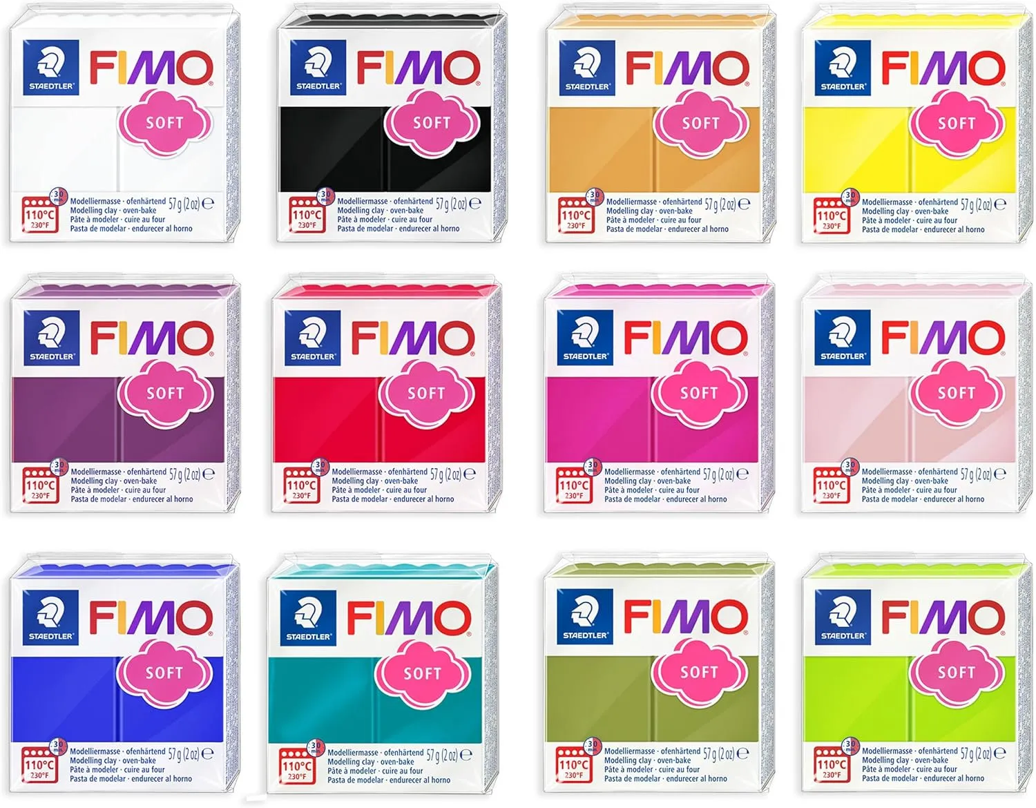 FIMO Soft Polymer Oven Bake Modelling Clay - 12 x 57g - Classic Colours - Pack of 12