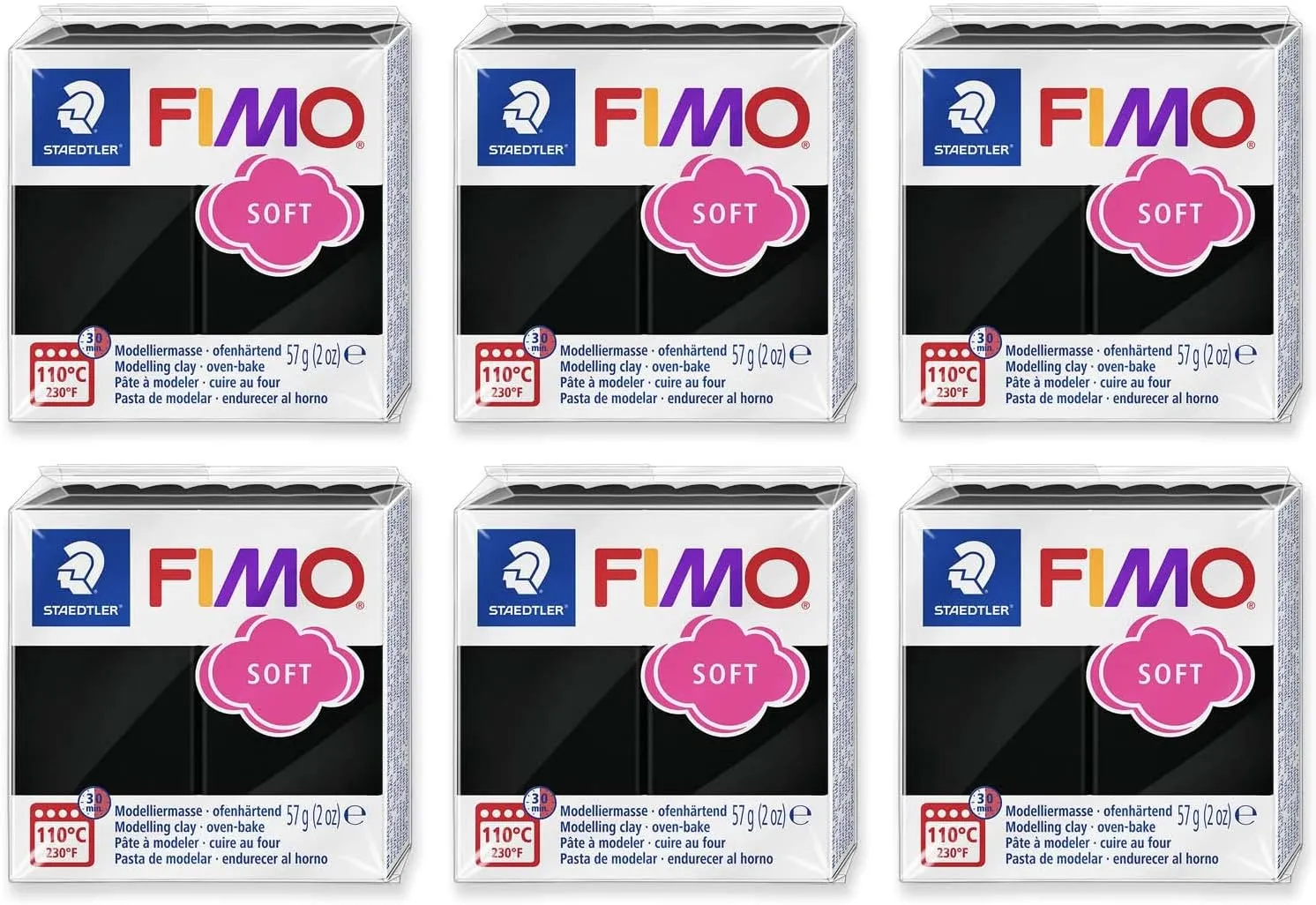 FIMO Soft Polymer Oven Bake Modelling Clay - 57g Blocks - Set of 6 - Black