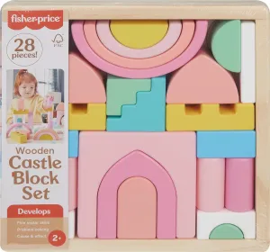 Fisher-Price Wood Toddler Toy Castle Block Set, 28 Wooden Pieces for Stacking Developmental Play Preschool Kids Ages 2  Years