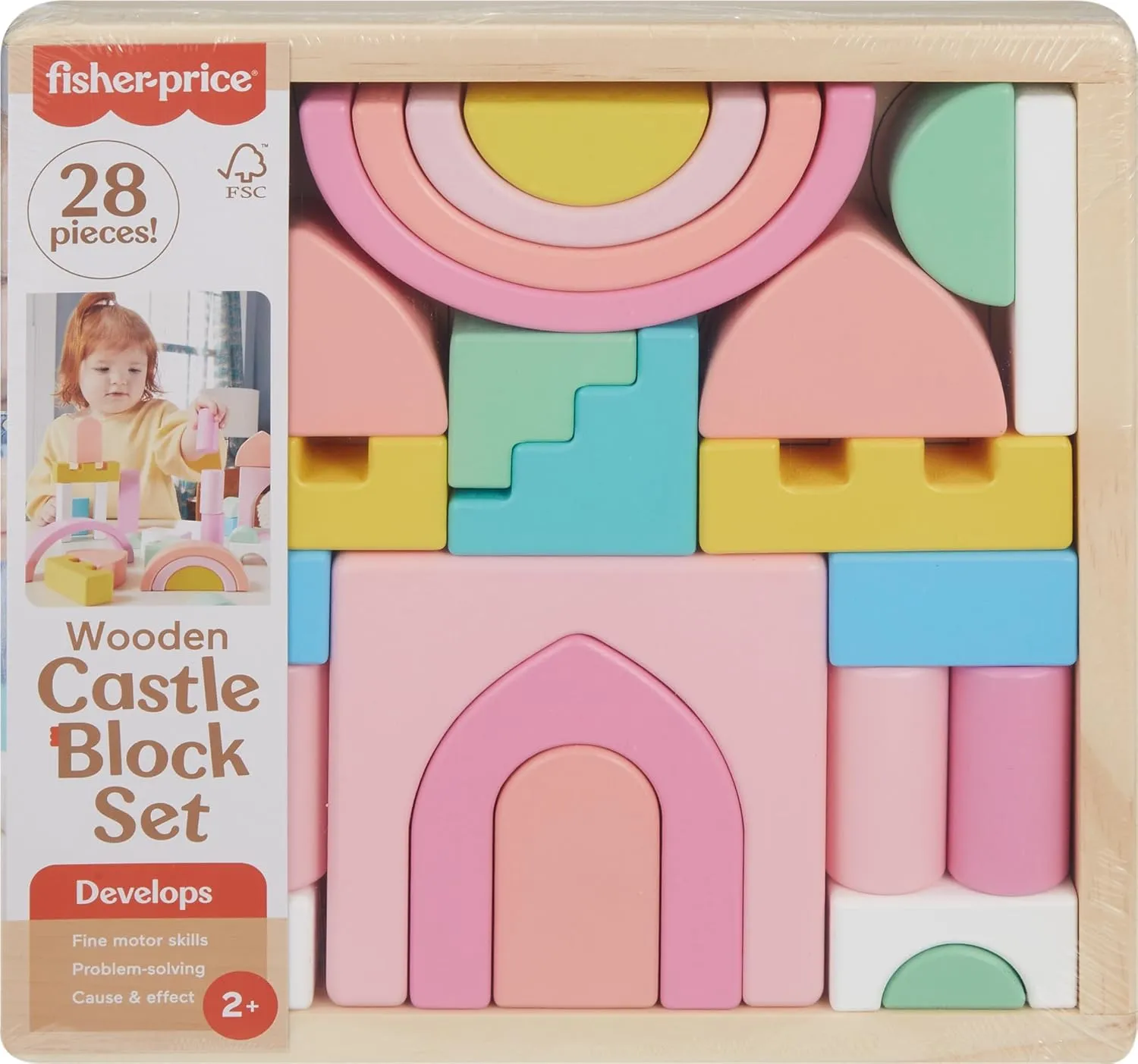 Fisher-Price Wood Toddler Toy Castle Block Set, 28 Wooden Pieces for Stacking Developmental Play Preschool Kids Ages 2  Years