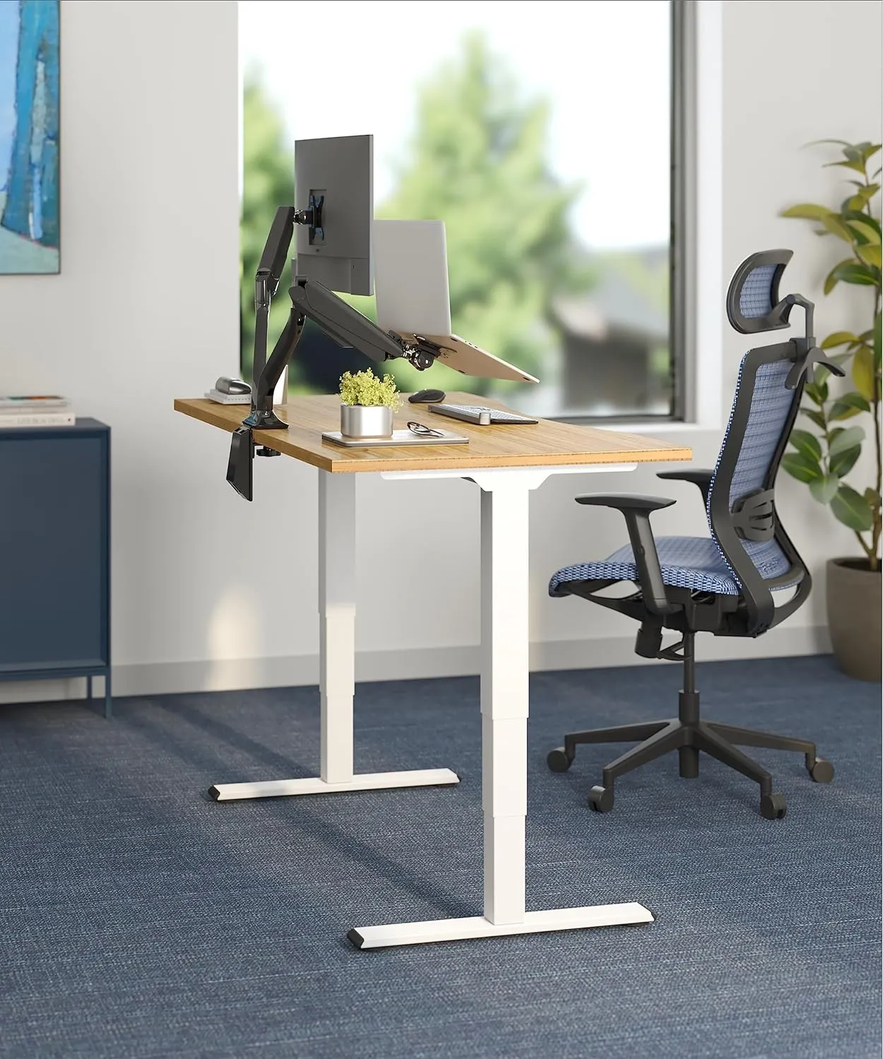 FLEXISPOT E6 Essential Bamboo 3 Stages Dual Motor 55x28 Inch Electric Height Adjustable Standing Whole-Piece Board Desk Sit Stand Up Desk (White Frame   Bamboo Desktop)