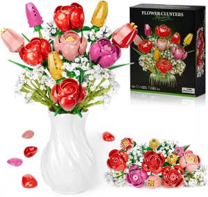 Flower Bouquet Building Kit, Red Rose & Tulips 680 Pcs Building Blocks Set - Valentine's Day, Mother's Day, Christmas Birthday Gift for Adults & Kids 6 , Home Office Decor, No Vase