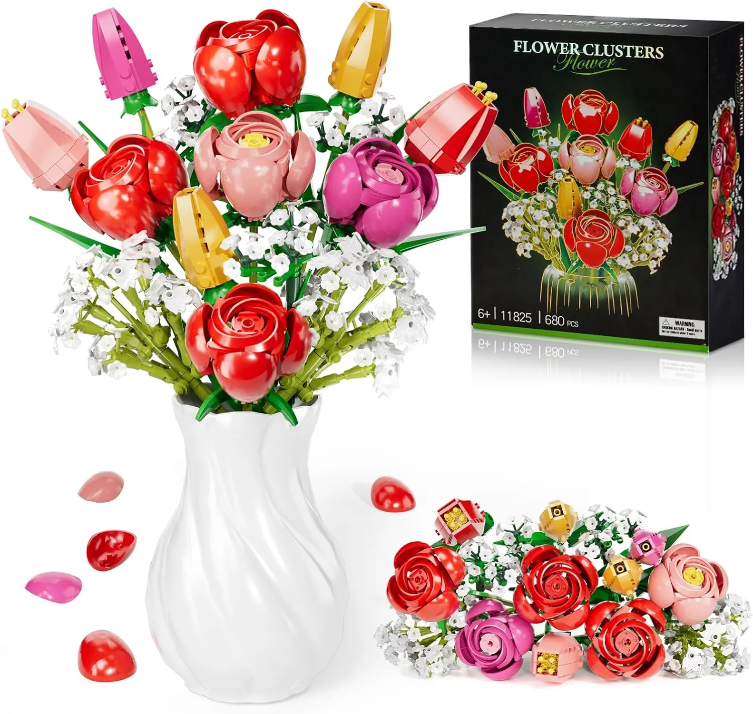 Flower Bouquet Building Kit, Red Rose & Tulips 680 Pcs Building Blocks Set - Valentine's Day, Mother's Day, Christmas Birthday Gift for Adults & Kids 6 , Home Office Decor, No Vase