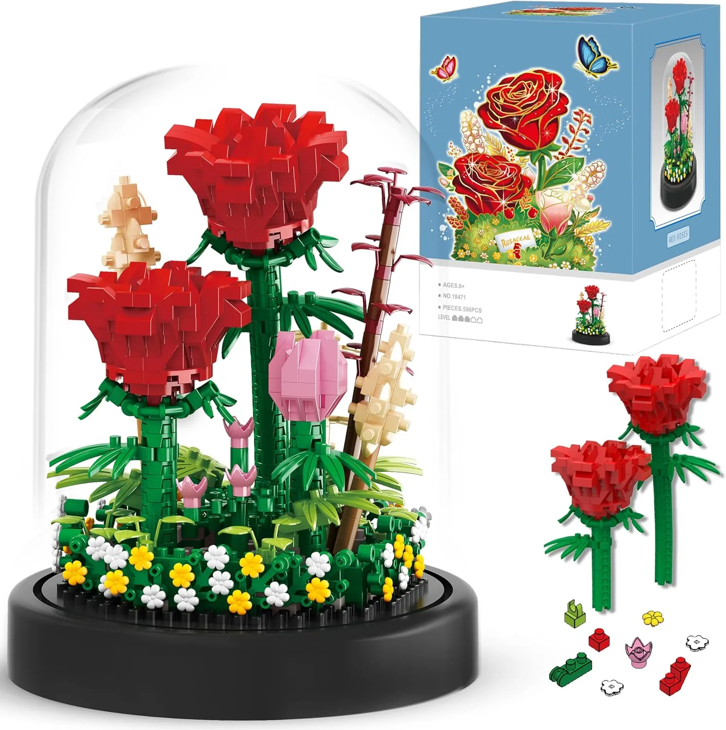 Flower Bouquets Building Sets, 596PCS Red Rose Flower Building Blocks, Birthday Gifts Valentines Day Gifts for Her Women Mom