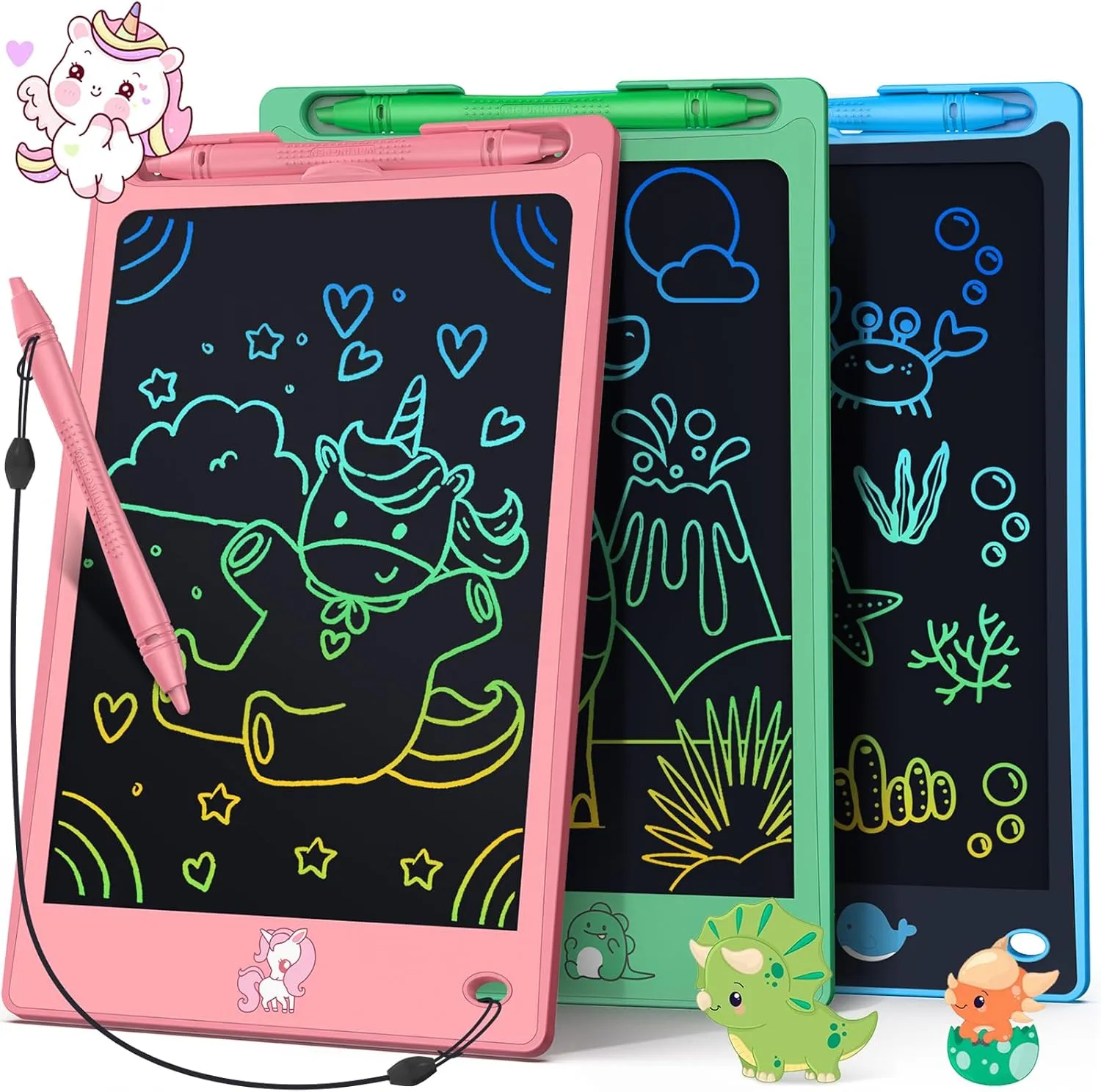 FLUESTON LCD Writing Tablet for Kids,Drawing Tablet for Boys Girls 3 4 5 6 7 8 Year,8.8 Inch 3pcs in 1 Pack Drawing Pad Toy Birthday Gifts for Toddler, Educational Doodle Board Cute Dinosaur Unicorn