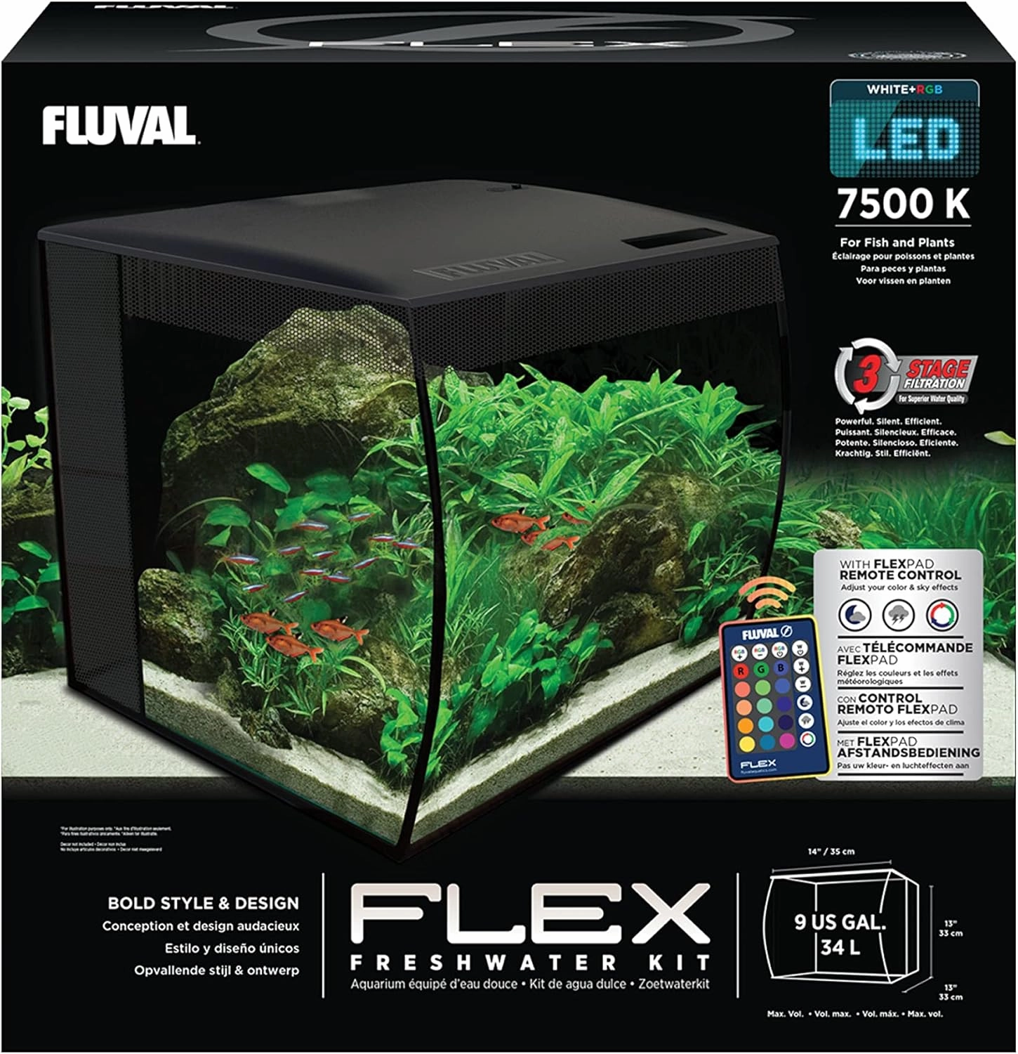 Fluval Flex 9 Aquarium Kit - Fish Tank for Fish & Plants - Comes with LED Lights, Filtration System & More - 36" x 18" x 18" - 34 L, 9 Gal. - Black