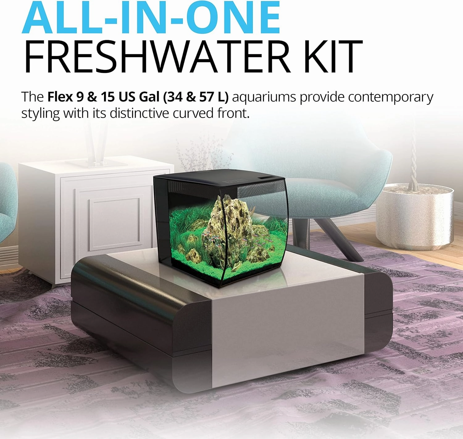 Fluval Flex 9 Aquarium Kit - Fish Tank for Fish & Plants - Comes with LED Lights, Filtration System & More - 36" x 18" x 18" - 34 L, 9 Gal. - Black