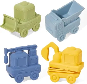 Food-Grade Silicone Baby Bath Toys 4 Pack | Mold-Free Cars & Truck Toys for 6-12 Months & 1-3 Year Olds | BPA-Free, Dishwasher-Safe Bathtub Pool Float Toys | Toddler Shower Gift for Boys Girls