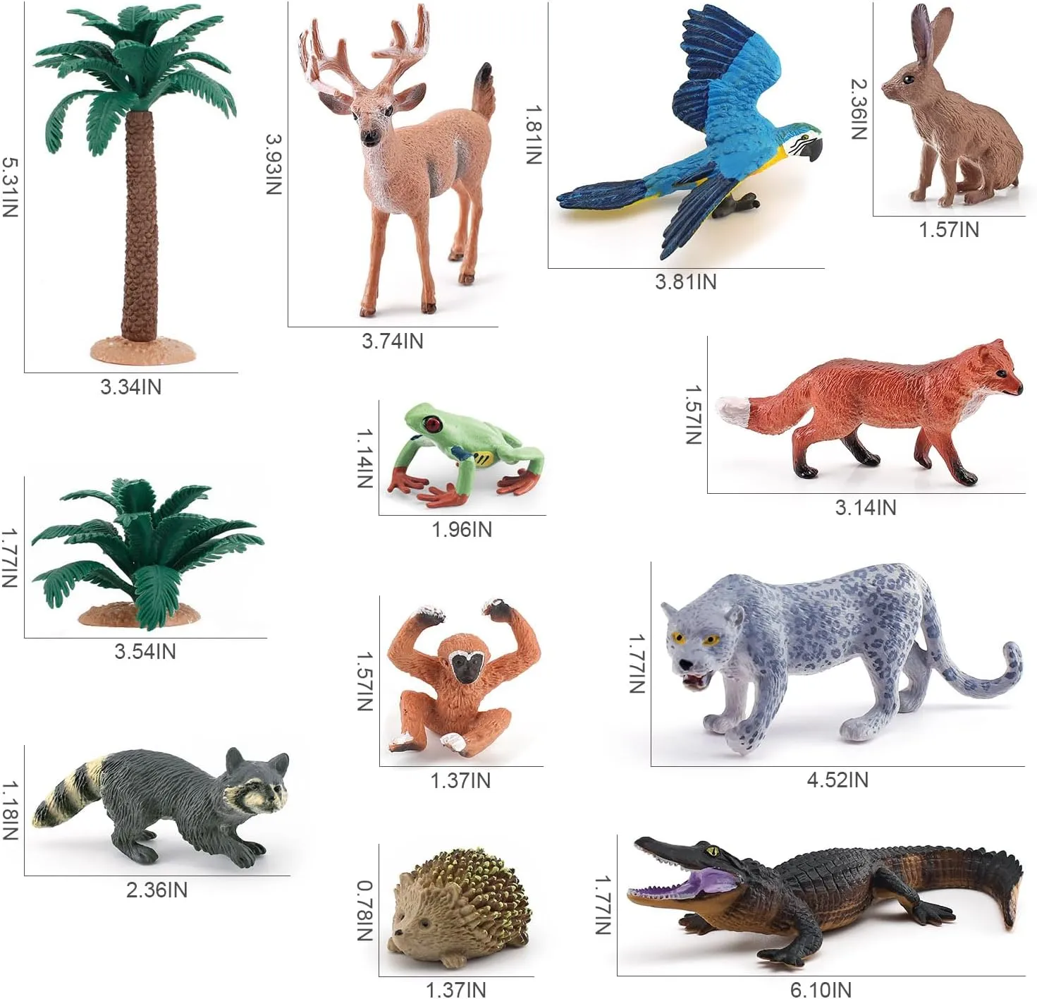 Forest Animals Figures Realistic Playset 12PCS Leopard, Crocodile, Fox, Deer, Monkey, Frog, Macaw, Hedgehog, Tree Cake Toppers School Project Diorama Model Toy for Kids