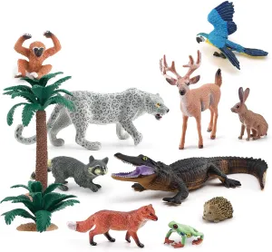 Forest Animals Figures Realistic Playset 12PCS Leopard, Crocodile, Fox, Deer, Monkey, Frog, Macaw, Hedgehog, Tree Cake Toppers School Project Diorama Model Toy for Kids