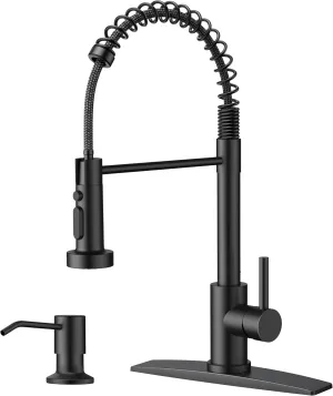 FORIOUS Black Kitchen Faucet with Soap Dispenser, Stainless Steel Single Handle Spring Commercial Sink Faucet with Pull Down Sprayer for RV Camp Bar Farmhouse