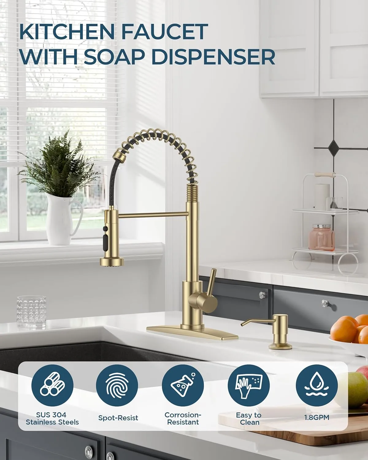 FORIOUS Kitchen Faucet with Soap Dispenser, Gold Stainless Steel Single Handle Spring Commercial Sink Faucet with Pull Down Sprayer for RV Camp Bar Farmhouse