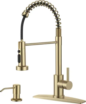 FORIOUS Kitchen Faucet with Soap Dispenser, Gold Stainless Steel Single Handle Spring Commercial Sink Faucet with Pull Down Sprayer for RV Camp Bar Farmhouse