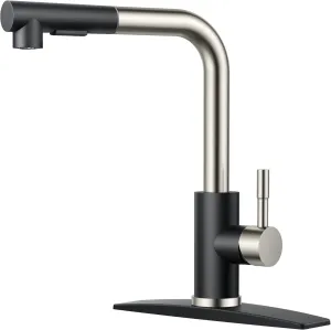 FORIOUS Kitchen Faucets Pull Down Sprayer Stainless Steel, Single Handle Classic Pull Out Sink Faucet with Deck Plate for 1 or 3 Holes, Suitable for Bar RV Farhouse Laundry, Black Brushed Nickel