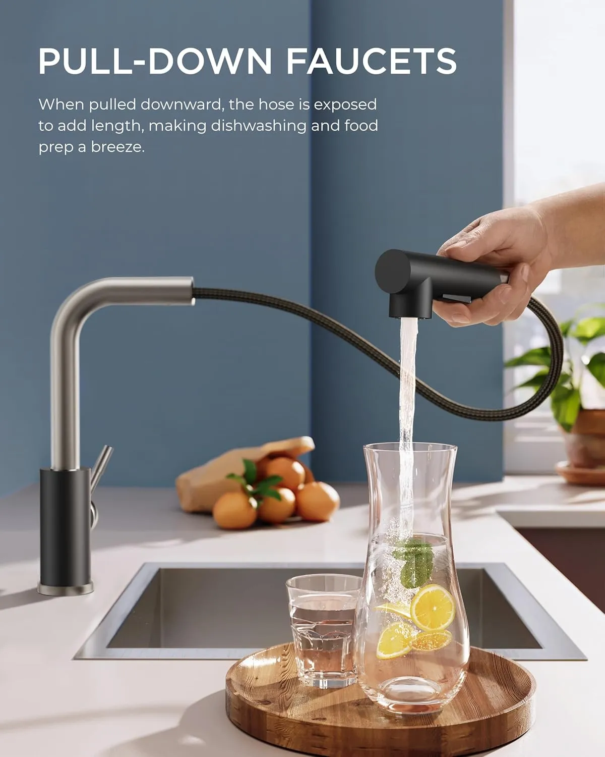 FORIOUS Kitchen Faucets Pull Down Sprayer Stainless Steel, Single Handle Classic Pull Out Sink Faucet with Deck Plate for 1 or 3 Holes, Suitable for Bar RV Farhouse Laundry, Black Brushed Nickel