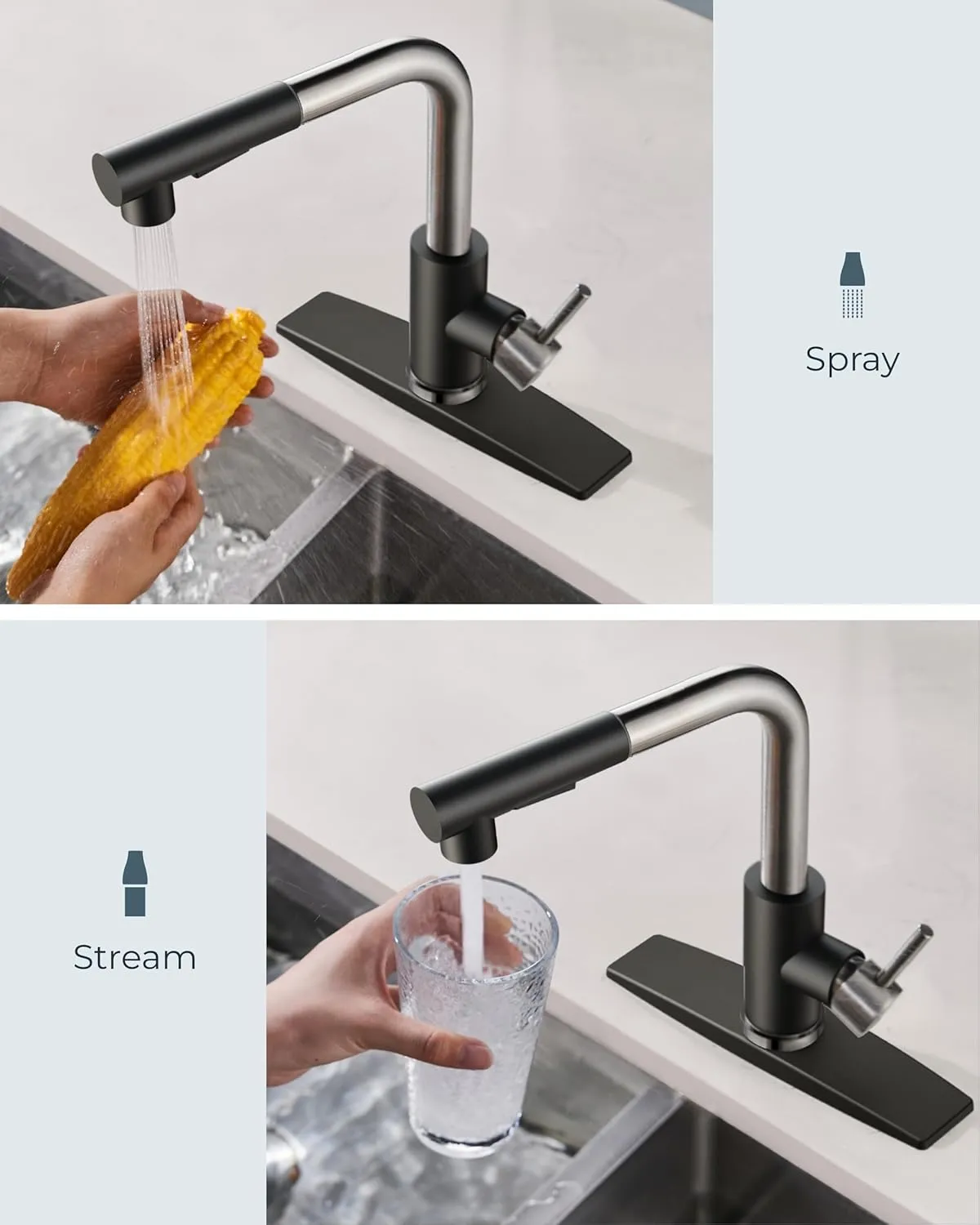 FORIOUS Kitchen Faucets Pull Down Sprayer Stainless Steel, Single Handle Classic Pull Out Sink Faucet with Deck Plate for 1 or 3 Holes, Suitable for Bar RV Farhouse Laundry, Black Brushed Nickel