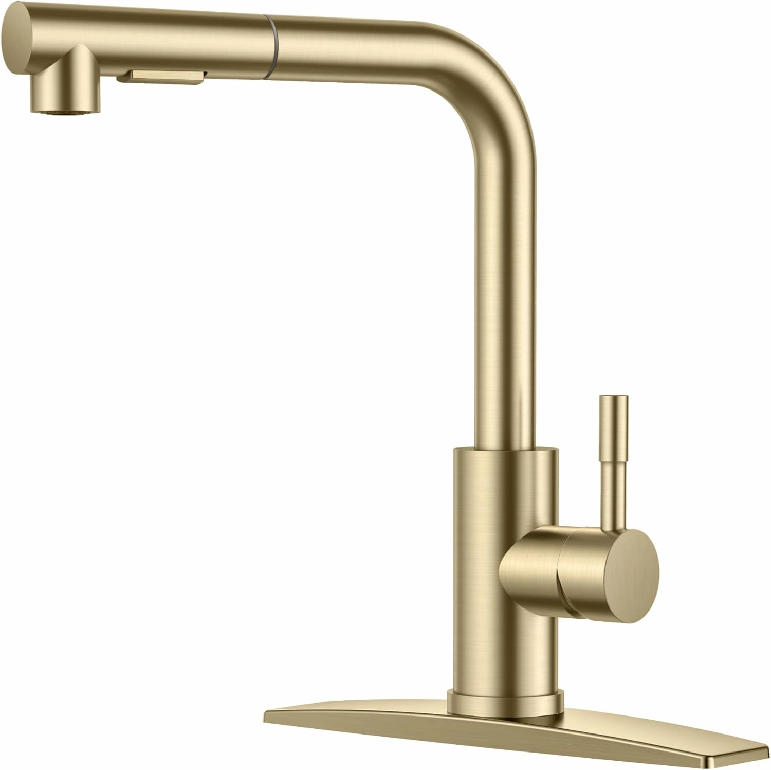FORIOUS Gold Kitchen Faucets Pull Out Sprayer Stainless Steel, Single Handle Classic Sink Faucet with Deck Plate for 1 or 3 Holes, Suitable for Bar RV Farhouse Laundry