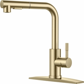 FORIOUS Gold Kitchen Faucets Pull Out Sprayer Stainless Steel, Single Handle Classic Sink Faucet with Deck Plate for 1 or 3 Holes, Suitable for Bar RV Farhouse Laundry
