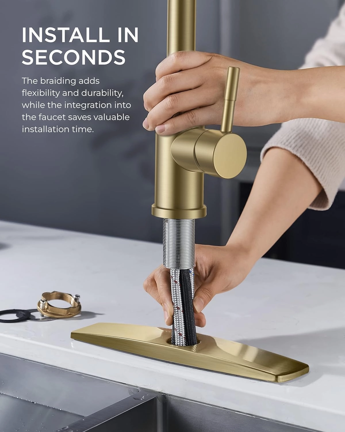 FORIOUS Gold Kitchen Faucets Pull Out Sprayer Stainless Steel, Single Handle Classic Sink Faucet with Deck Plate for 1 or 3 Holes, Suitable for Bar RV Farhouse Laundry