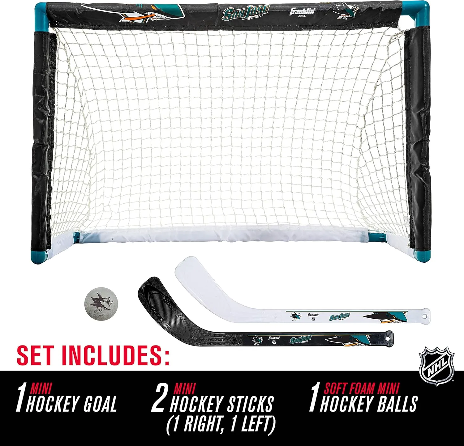 Franklin Sports NHL Mini Hockey Set - Kids Indoor Knee Hockey Goal, Ball,   2 Stick Combo - Youth Team Indoor Toy Set - Official - Ages 3 