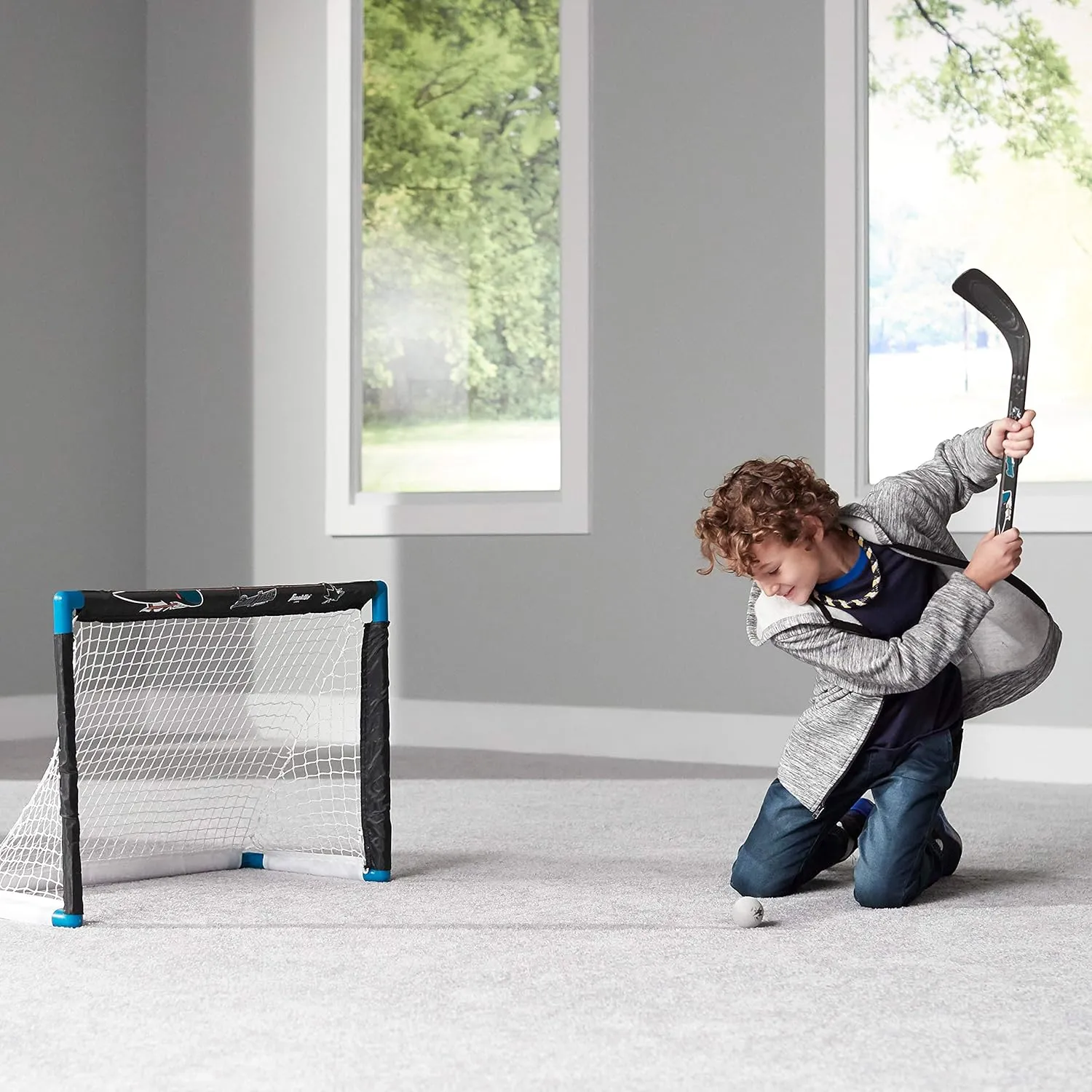 Franklin Sports NHL Mini Hockey Set - Kids Indoor Knee Hockey Goal, Ball,   2 Stick Combo - Youth Team Indoor Toy Set - Official - Ages 3 