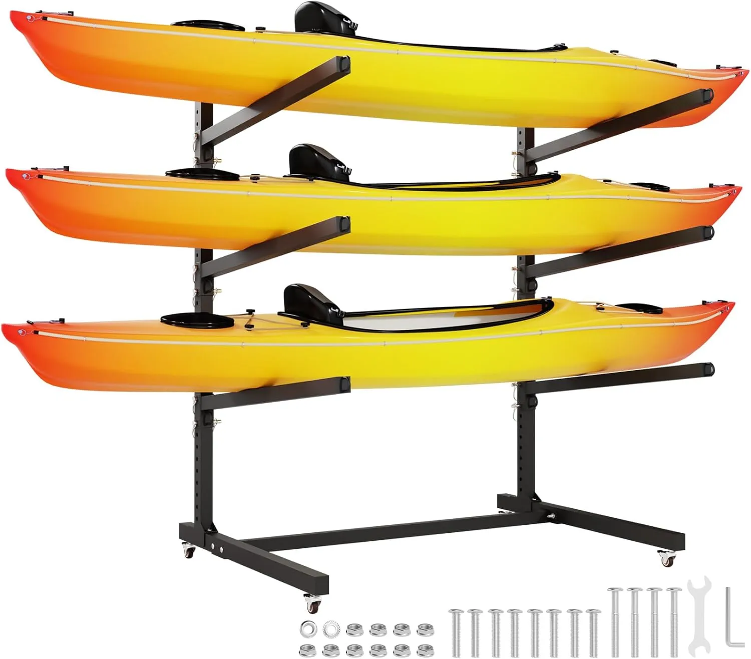 Freestanding Kayak Storage Rack, 300Lbs Capacity Kayak Stand, Kayak Rack with 360° Lockable Swivel Wheels for Indoor Outdoor Storage, Adjustable 3-Tier Kayak Rack for Canoe, Paddle Board, Kayak & Skis