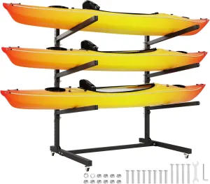 Freestanding Kayak Storage Rack, 300Lbs Capacity Kayak Stand, Kayak Rack with 360° Lockable Swivel Wheels for Indoor Outdoor Storage, Adjustable 3-Tier Kayak Rack for Canoe, Paddle Board, Kayak & Skis