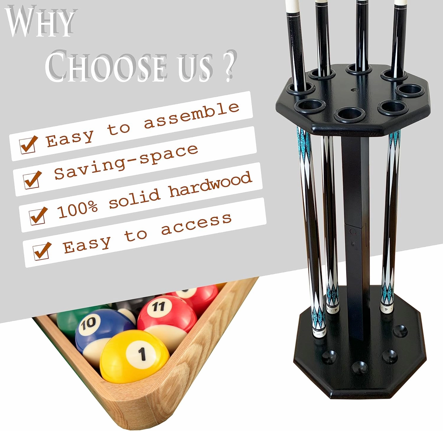 Freestanding Billiard Cue Rack, Pool Table Accessories Hold 8 Cues, Pool Cue Stick Holder, Wooden Floor Stand Pool Cue Holder for Billiard Game Room (Black)