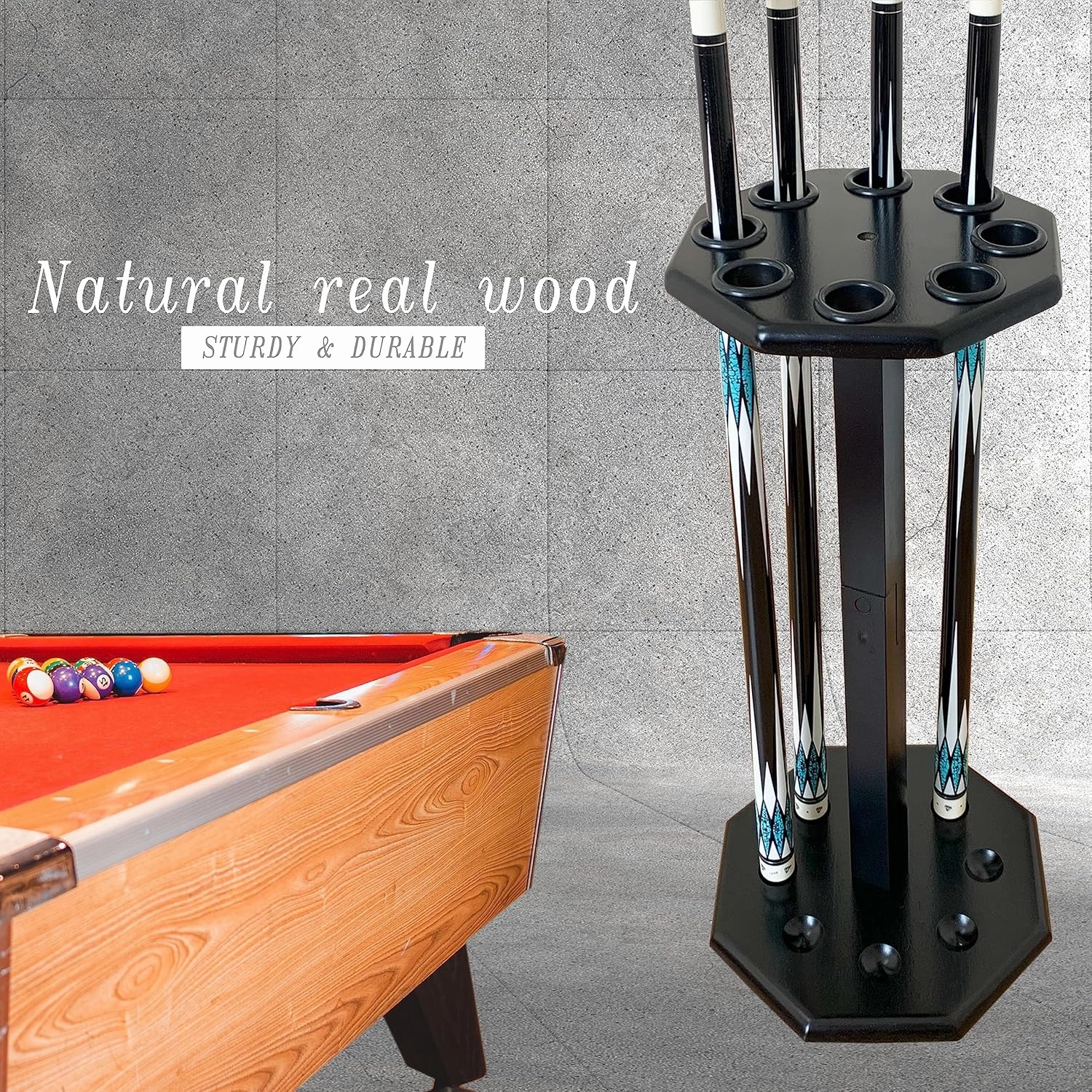 Freestanding Billiard Cue Rack, Pool Table Accessories Hold 8 Cues, Pool Cue Stick Holder, Wooden Floor Stand Pool Cue Holder for Billiard Game Room (Black)