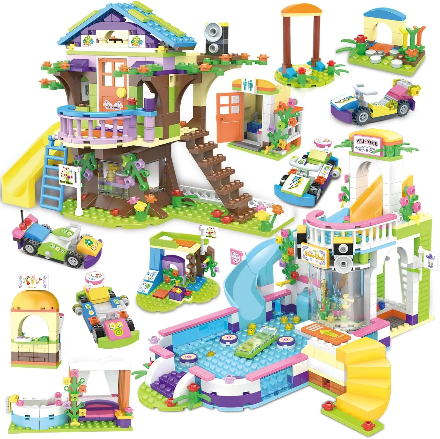 Friends Treehouse Swimming Pool Building Kit for Girls Age 6-12, Tree House Pool Party Creative Building Blocks Sets with Storage Box, Christmas Birthday Gift for Kids Toddlers (1274 Pieces)