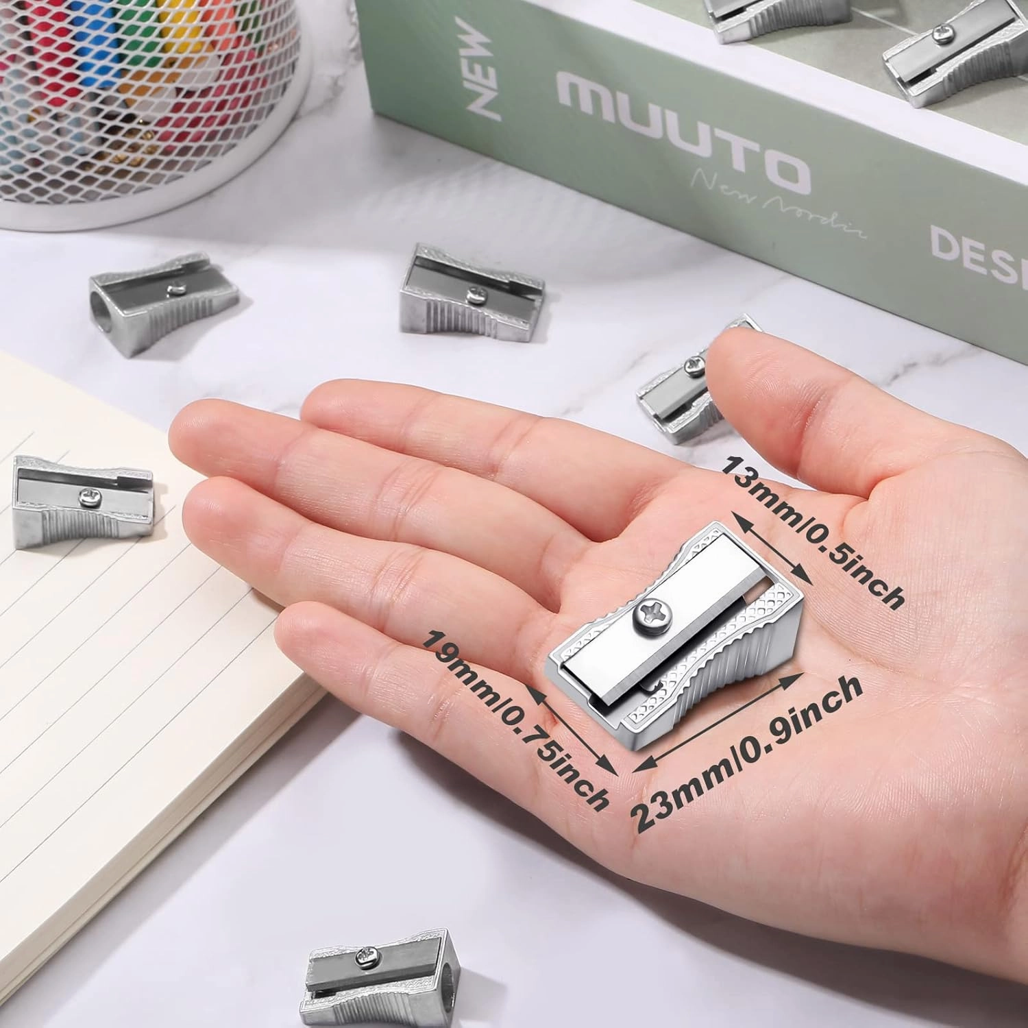 Fumete 144 Pcs Metal Mini Pencil Sharpeners Handheld Metal Pencil Sharpeners Single Hole Aluminum Alloy Manual Sharpener Bulk for School Office Stationery Classroom Supplies