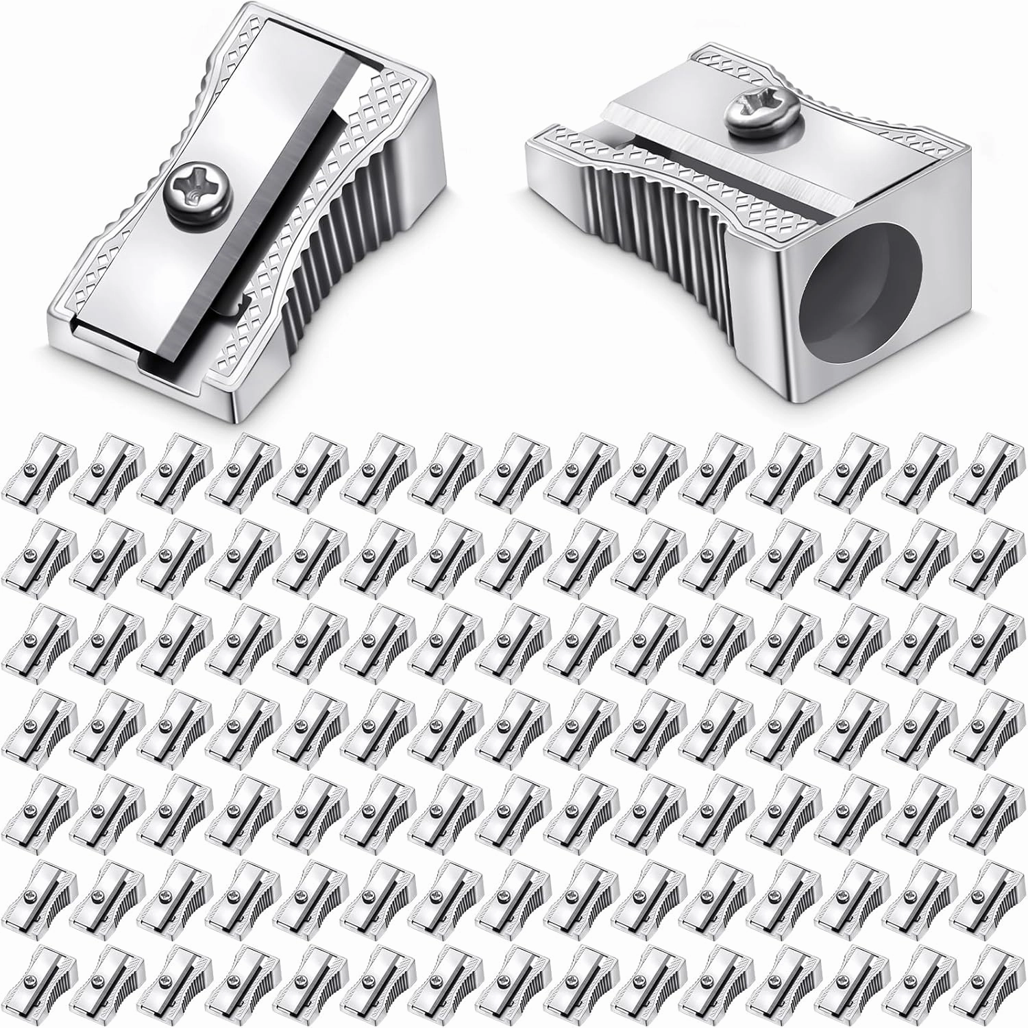 Fumete 144 Pcs Metal Mini Pencil Sharpeners Handheld Metal Pencil Sharpeners Single Hole Aluminum Alloy Manual Sharpener Bulk for School Office Stationery Classroom Supplies