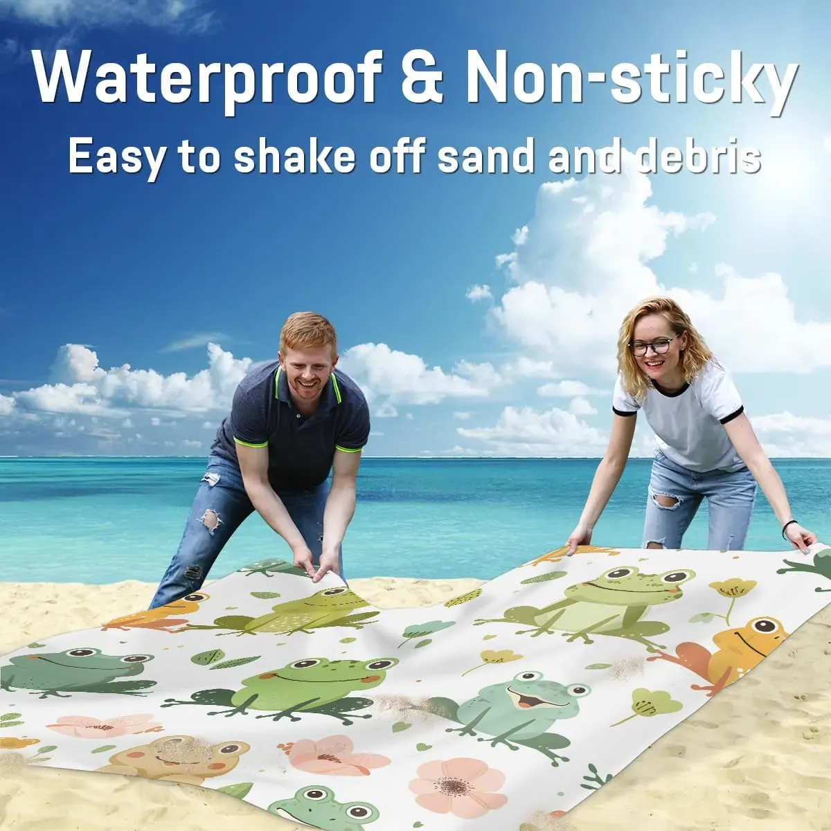Funny Frog Beach Blanket, Sandproof Beach Mat, 68 x 59 Waterproof Quick Drying Sand Free Mat with 4 x Ground Spikes for Outdoor Travel Camping Hiking, Cute Cartoon Frog