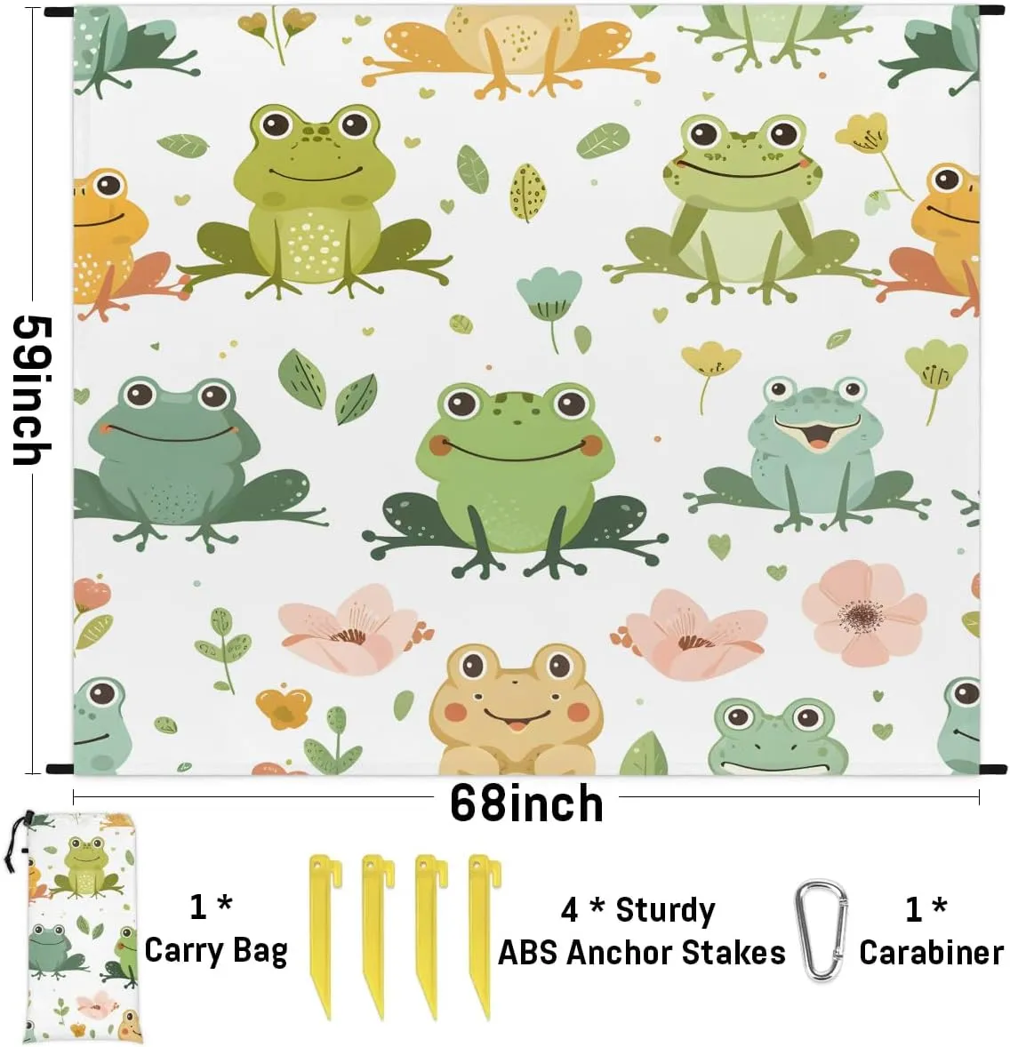 Funny Frog Beach Blanket, Sandproof Beach Mat, 68 x 59 Waterproof Quick Drying Sand Free Mat with 4 x Ground Spikes for Outdoor Travel Camping Hiking, Cute Cartoon Frog
