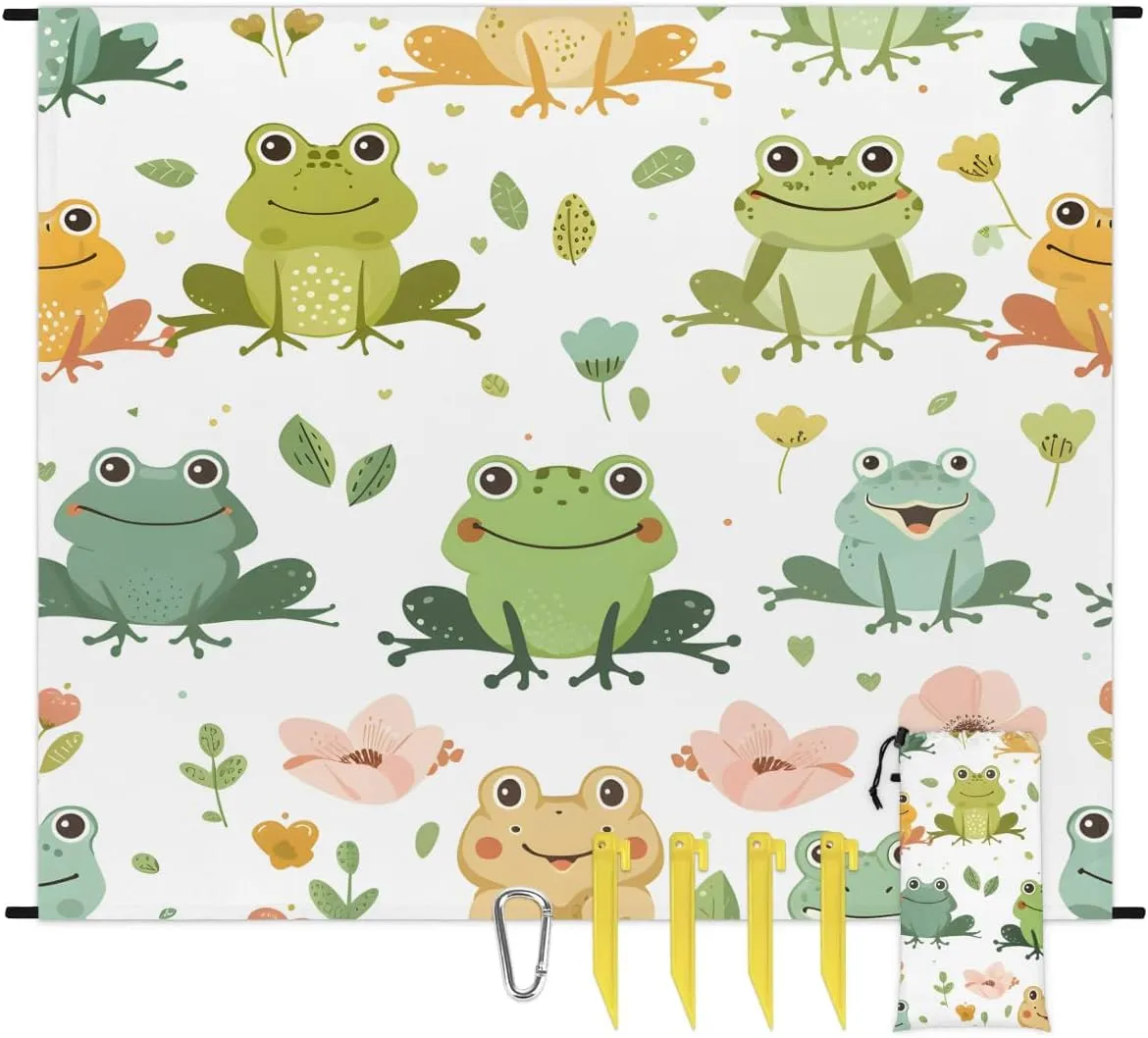 Funny Frog Beach Blanket, Sandproof Beach Mat, 68 x 59 Waterproof Quick Drying Sand Free Mat with 4 x Ground Spikes for Outdoor Travel Camping Hiking, Cute Cartoon Frog